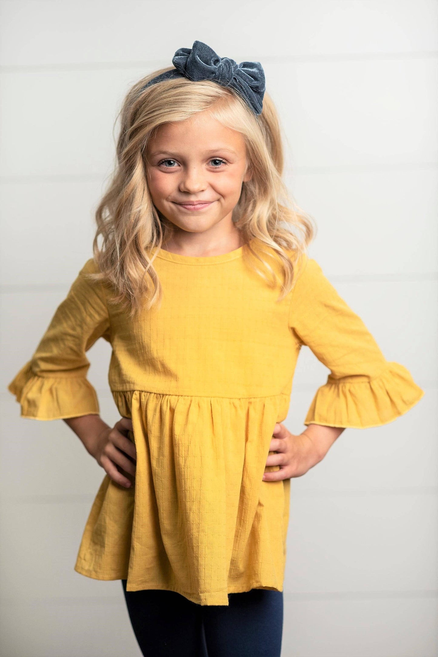 7/8 Kids Mustard Ruffle Long Sleeve Fall Shirt With Buttons