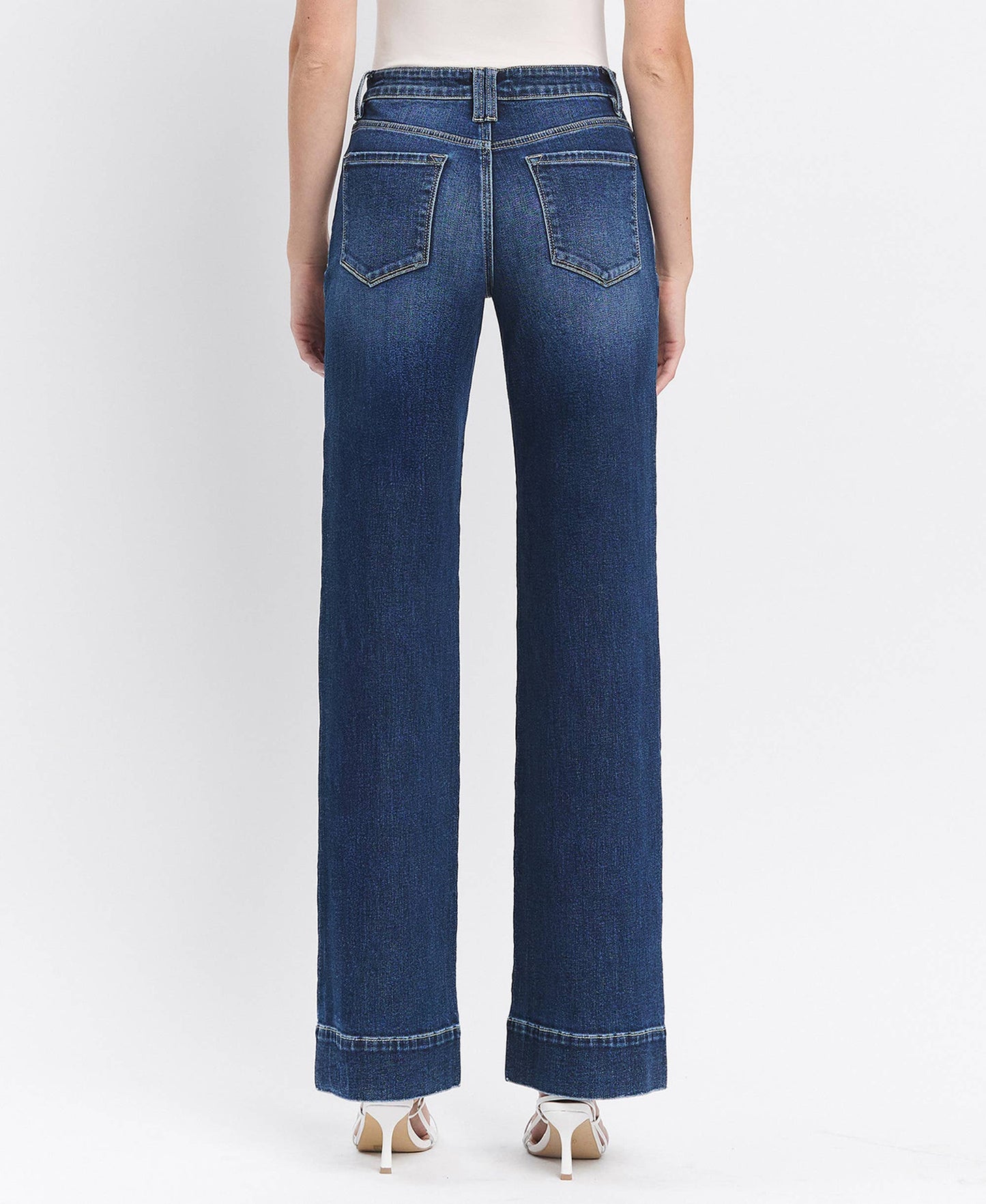 High Rise Dark Trouser Hem Wide Jeans