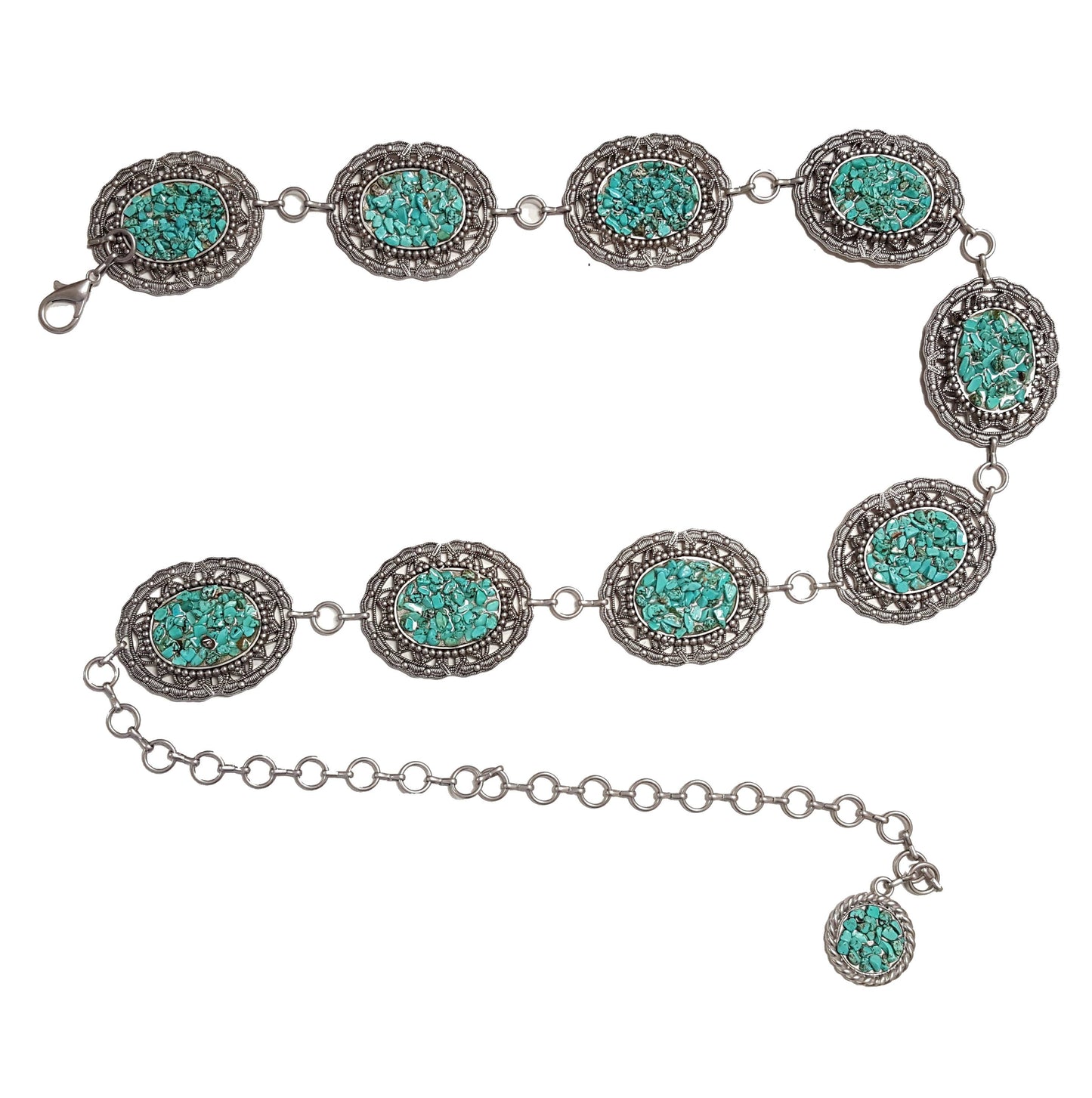 Western Style concho Silver Chain belt with chip stones: Blue Stone