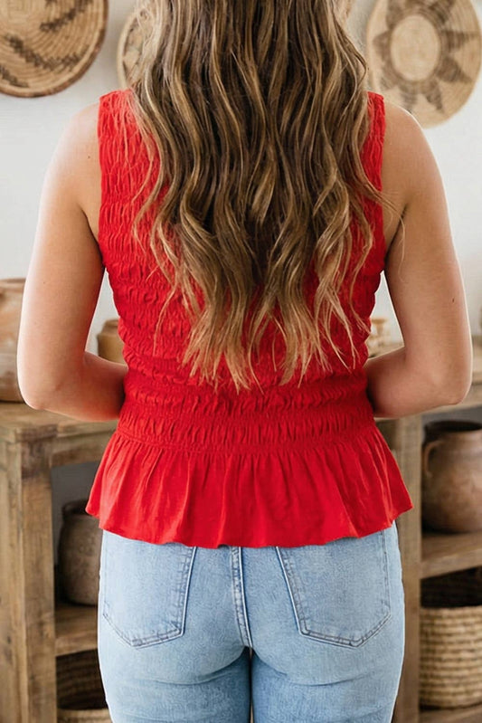 Western Round Neck Shirred Sleeveless Tank Tops