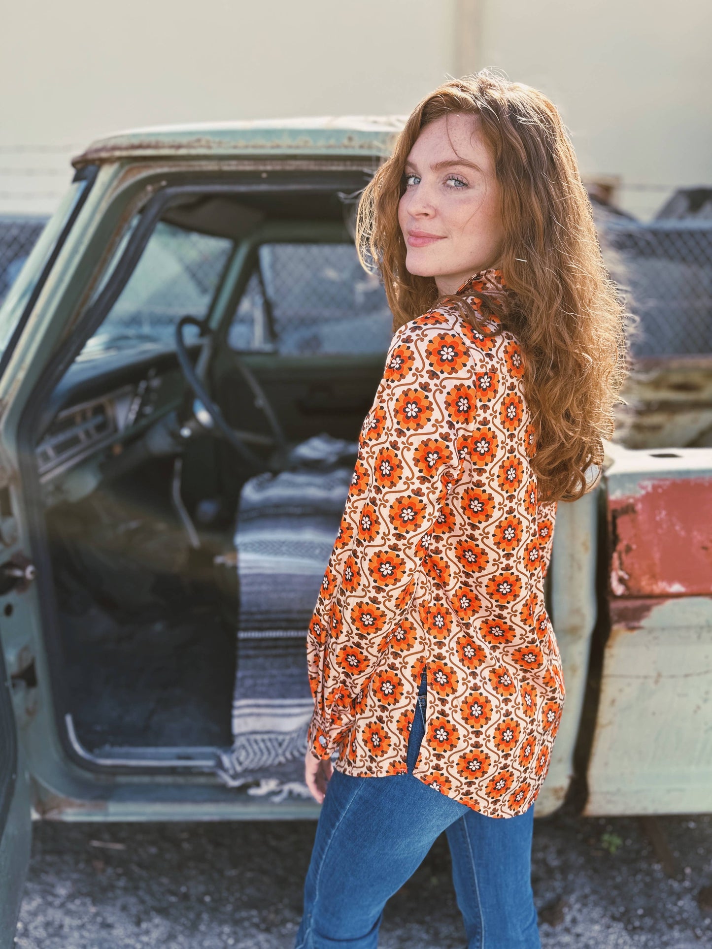 Large Poppy Flower Zipper Front Blouse