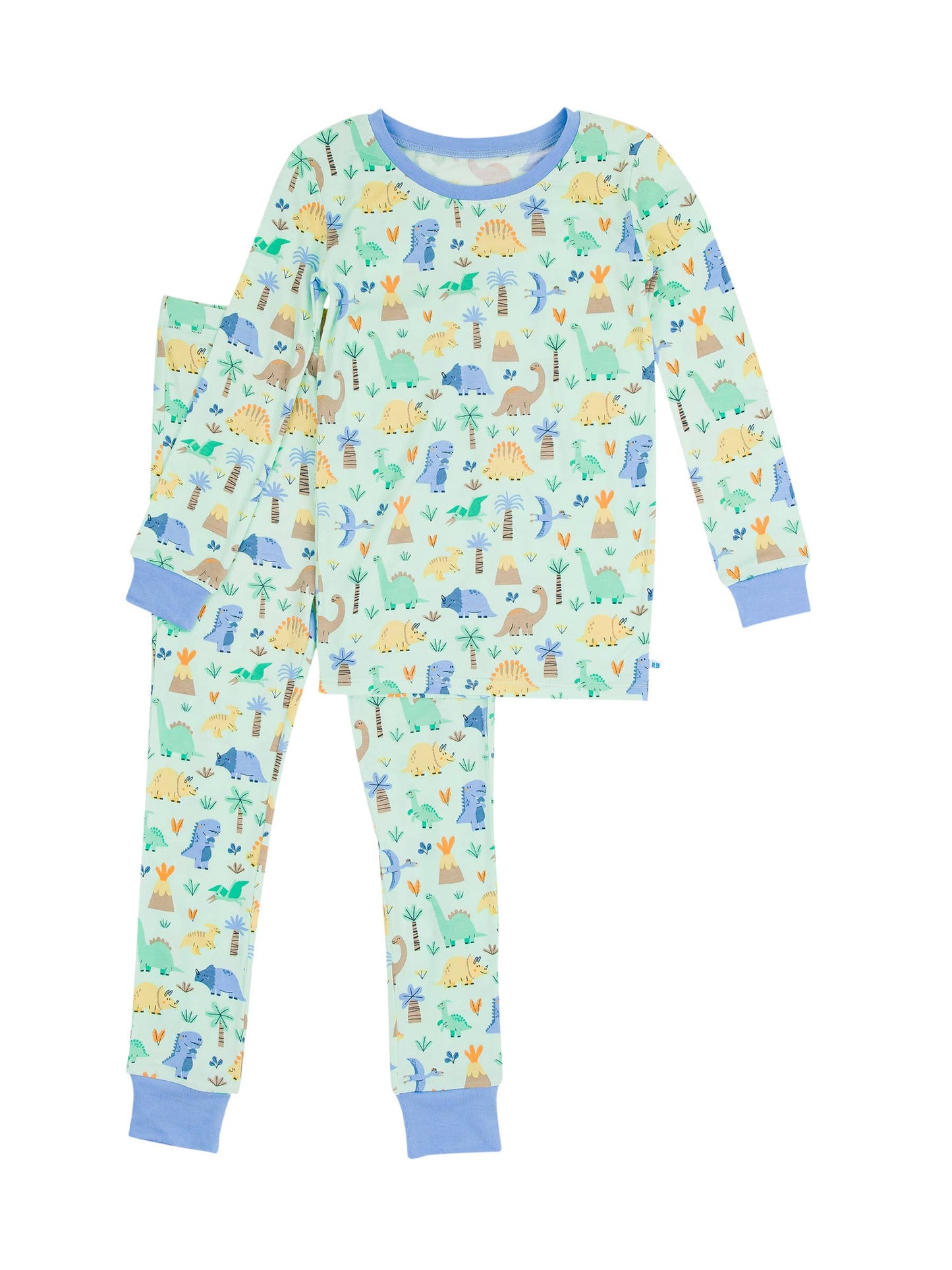 A child's dinosaur-themed pajama set with long sleeves, featuring various colorful dinosaurs on a blue background.