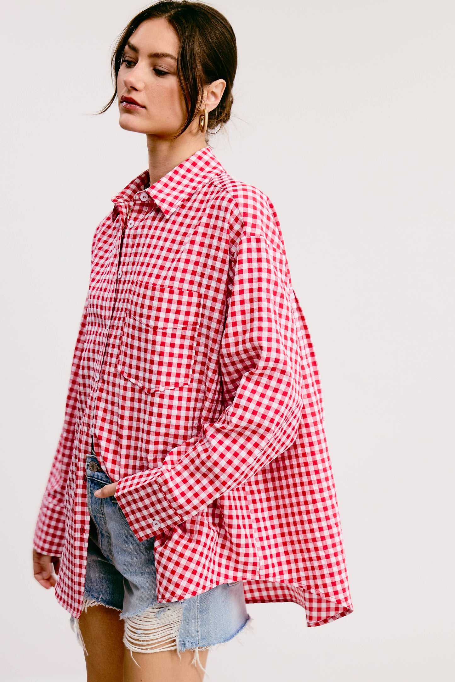 Gingham Print Oversized Button-Down Shirt