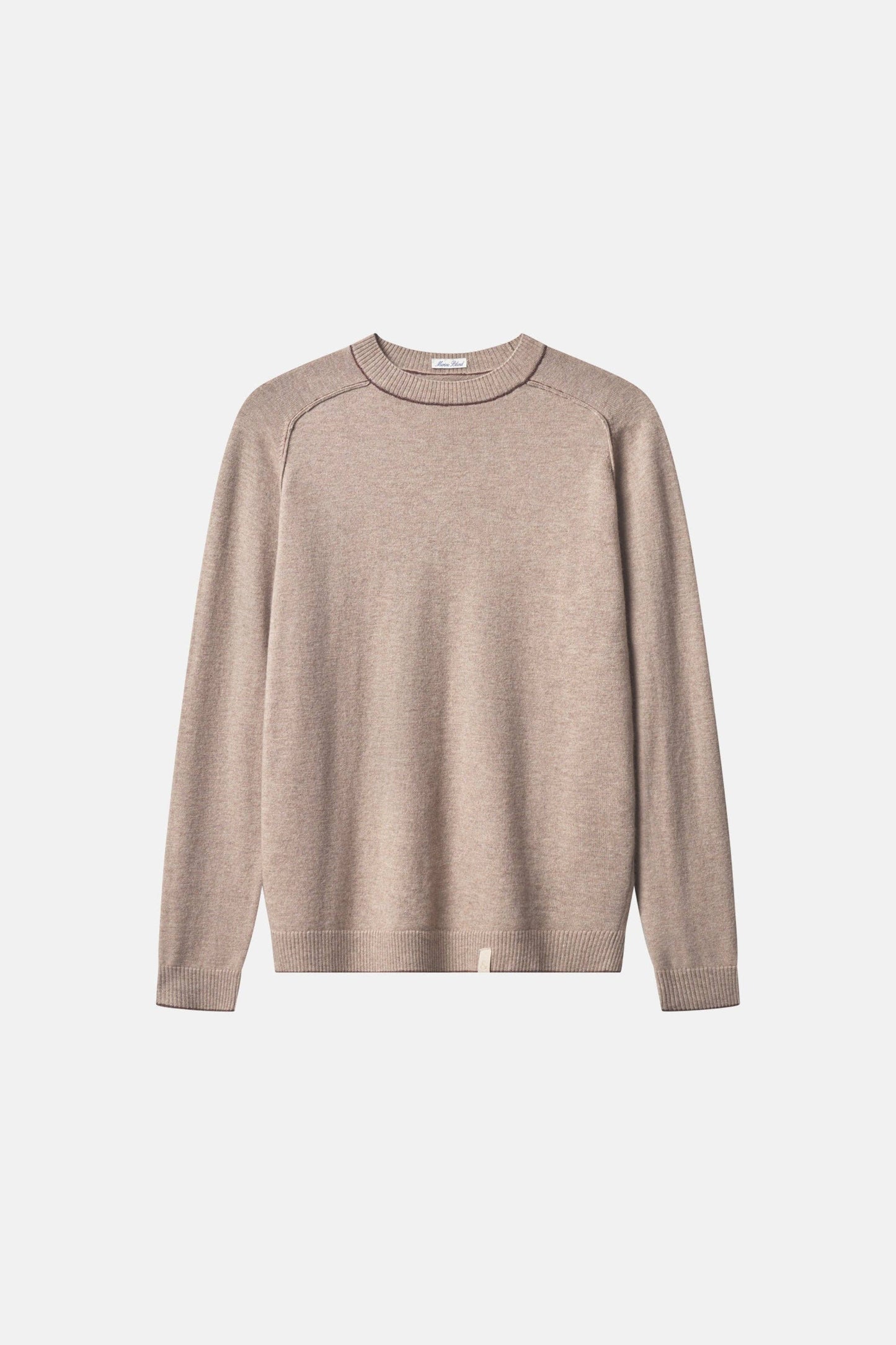 A beige colored men's knit sweater with round neckline and saddle shoulders. It features contrasting color on the collar and cuffs.