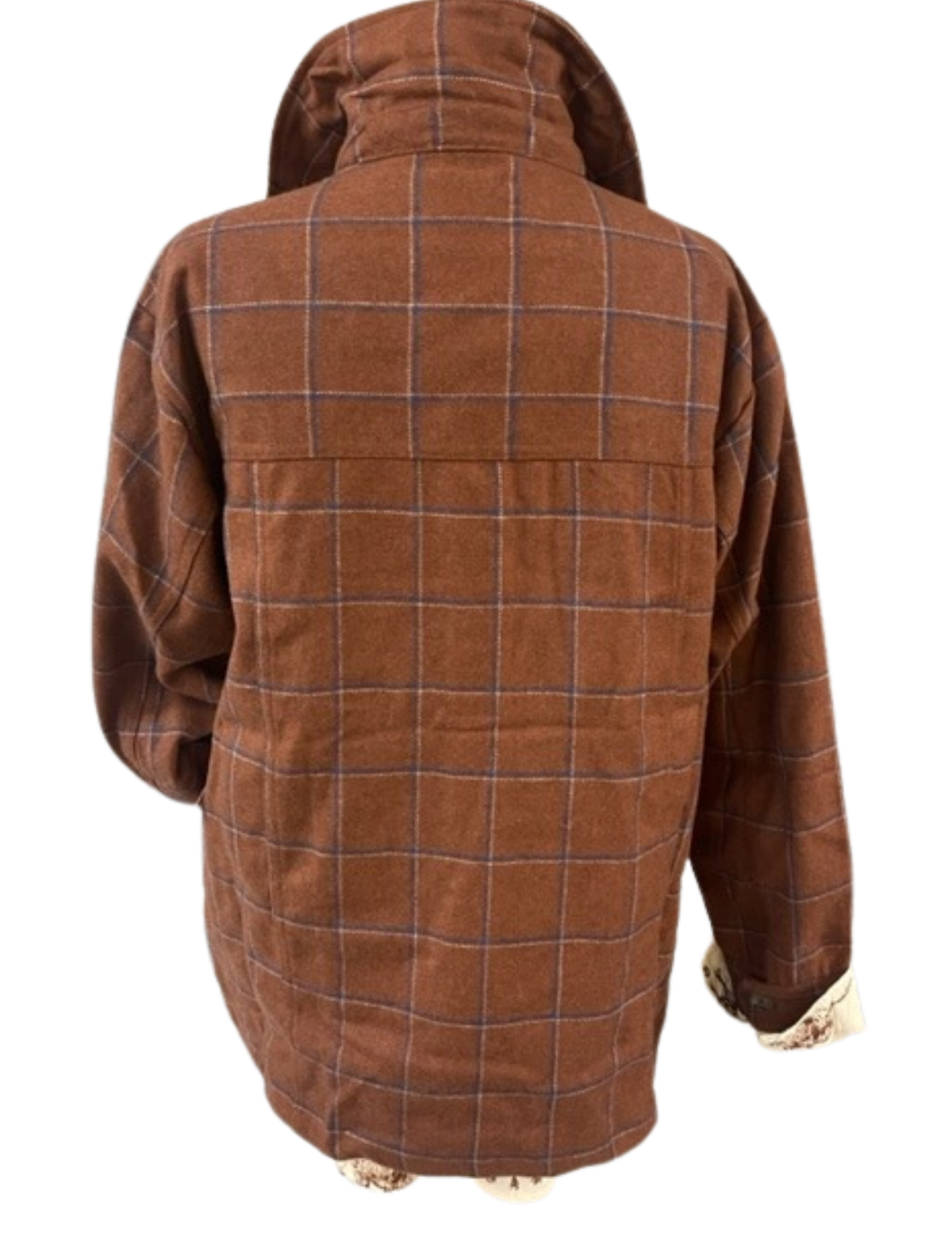 A brown checkered wool jacket with a collar, buttons, and front pockets, displayed on a mannequin.