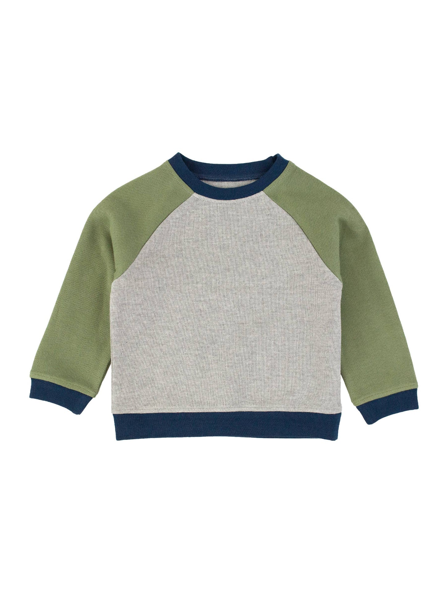 A color blocked sweatshirt with green sleeves and gray body, featuring a round neckline and ribbed hem and cuffs.