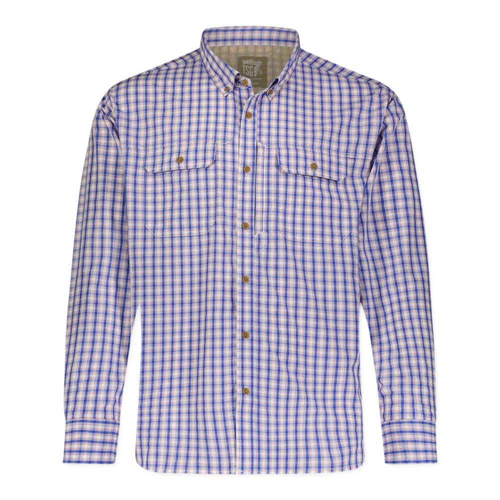 A long-sleeved, checkered Airtex Brooks shirt in blue and white, with a button-up front.