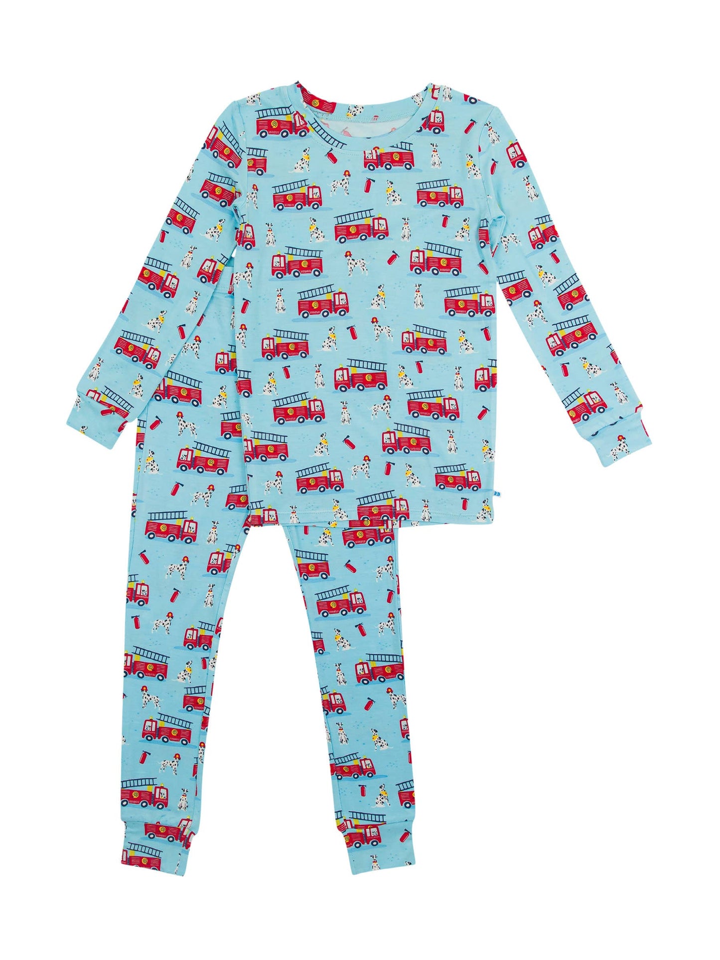 A set of children's pajamas with a fire rescue theme, featuring illustrations of fire trucks and possibly characters on a blue background.
