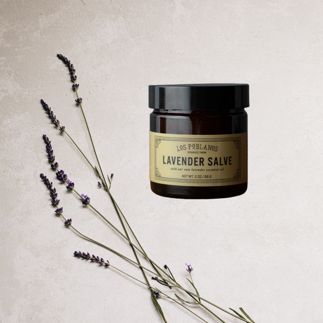 A jar labeled 'Lavender Salve' with a beige background and lavender plants next to it.