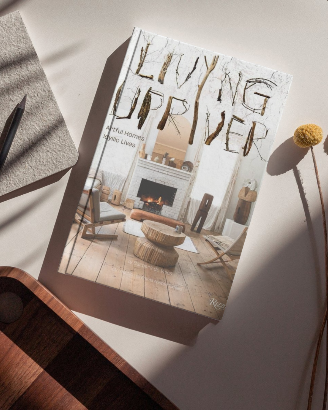 Book titled 'Living Up River' on a surface with a cozy living room image on the cover