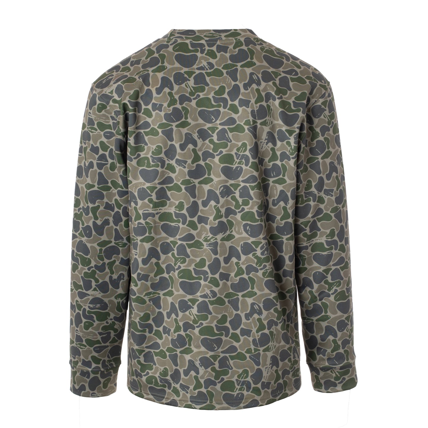 Camouflage-patterned long-sleeve shirt on a white background