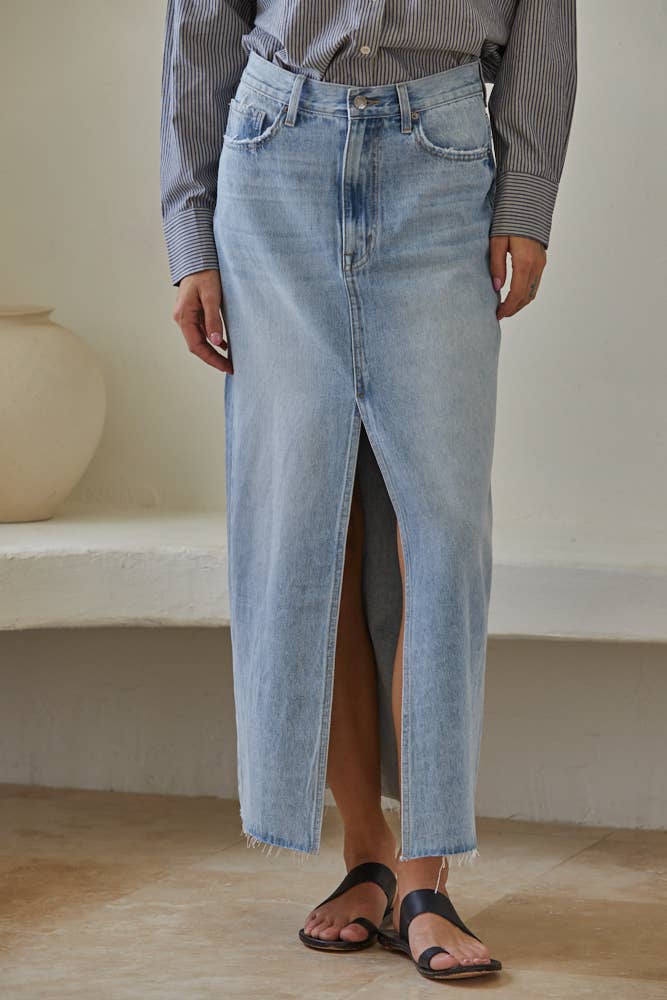 BD267 | Denim Light Wash Cut off Midi Skirt