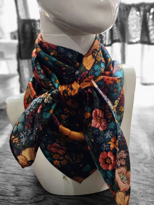 Dark Blue Green and Gold print Western Neck Scarf Bandanna