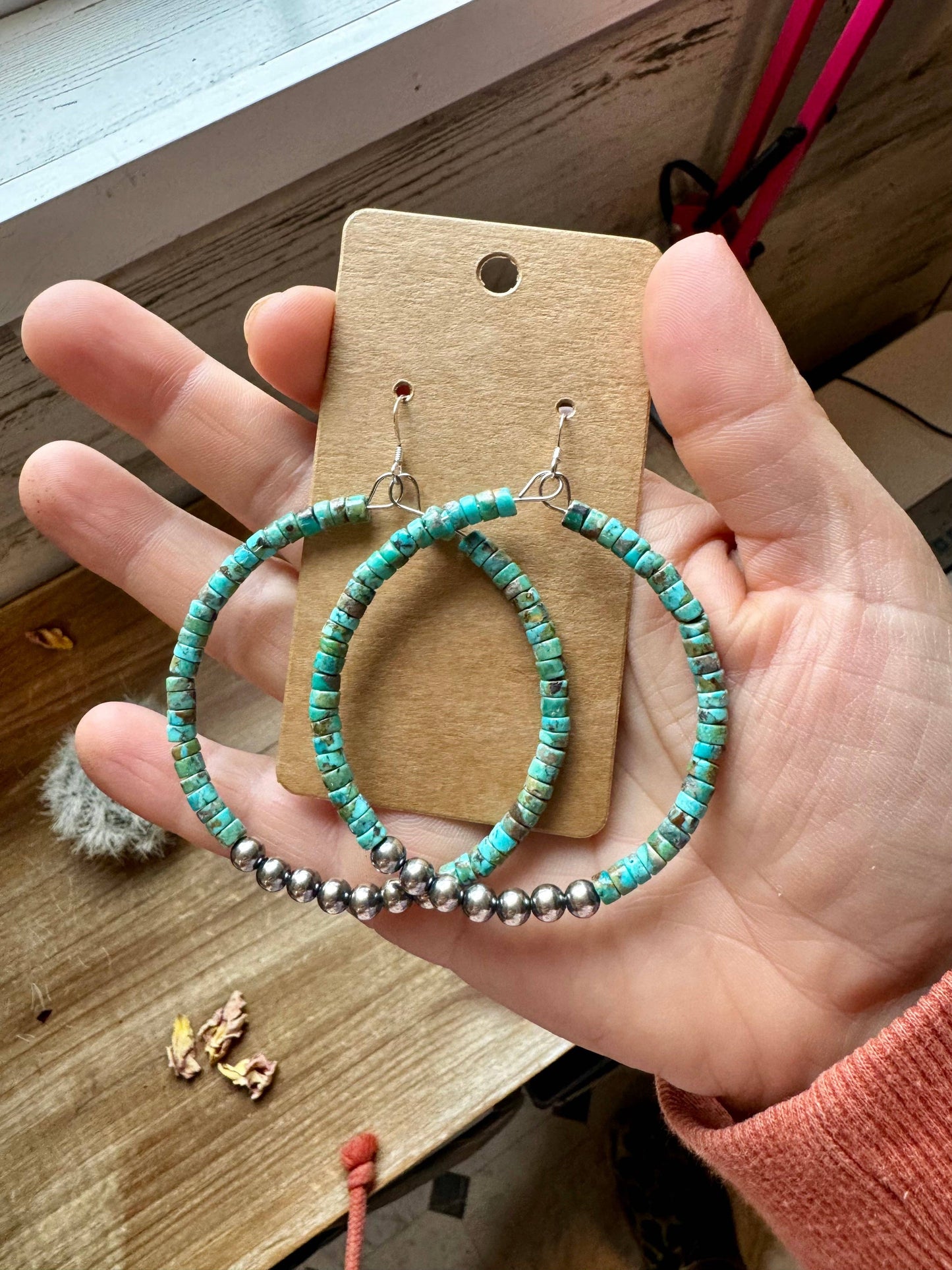 Turquoise and silver pearl hoops