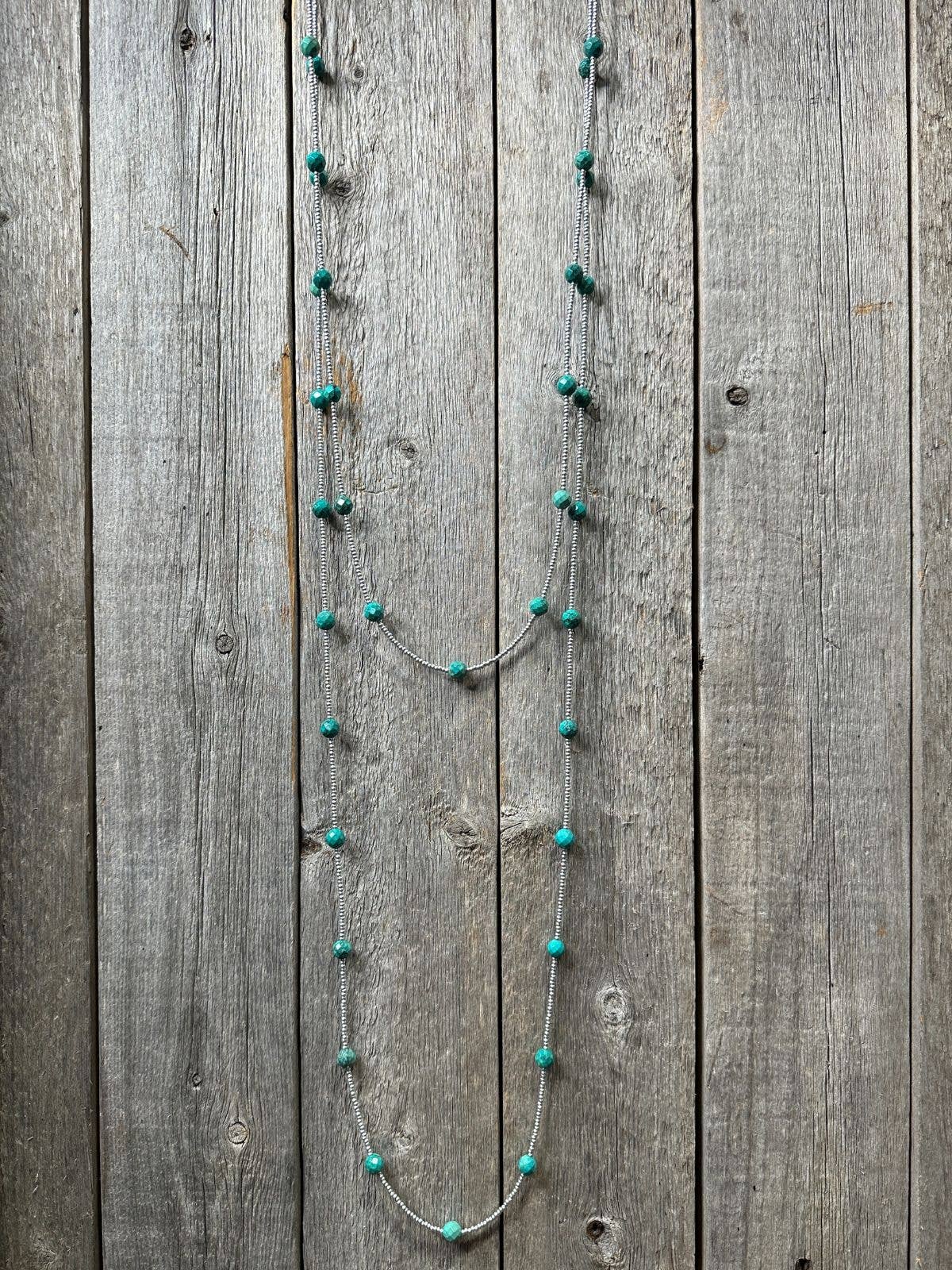 Silver Seed Bead and Turquoise Necklace: 50"