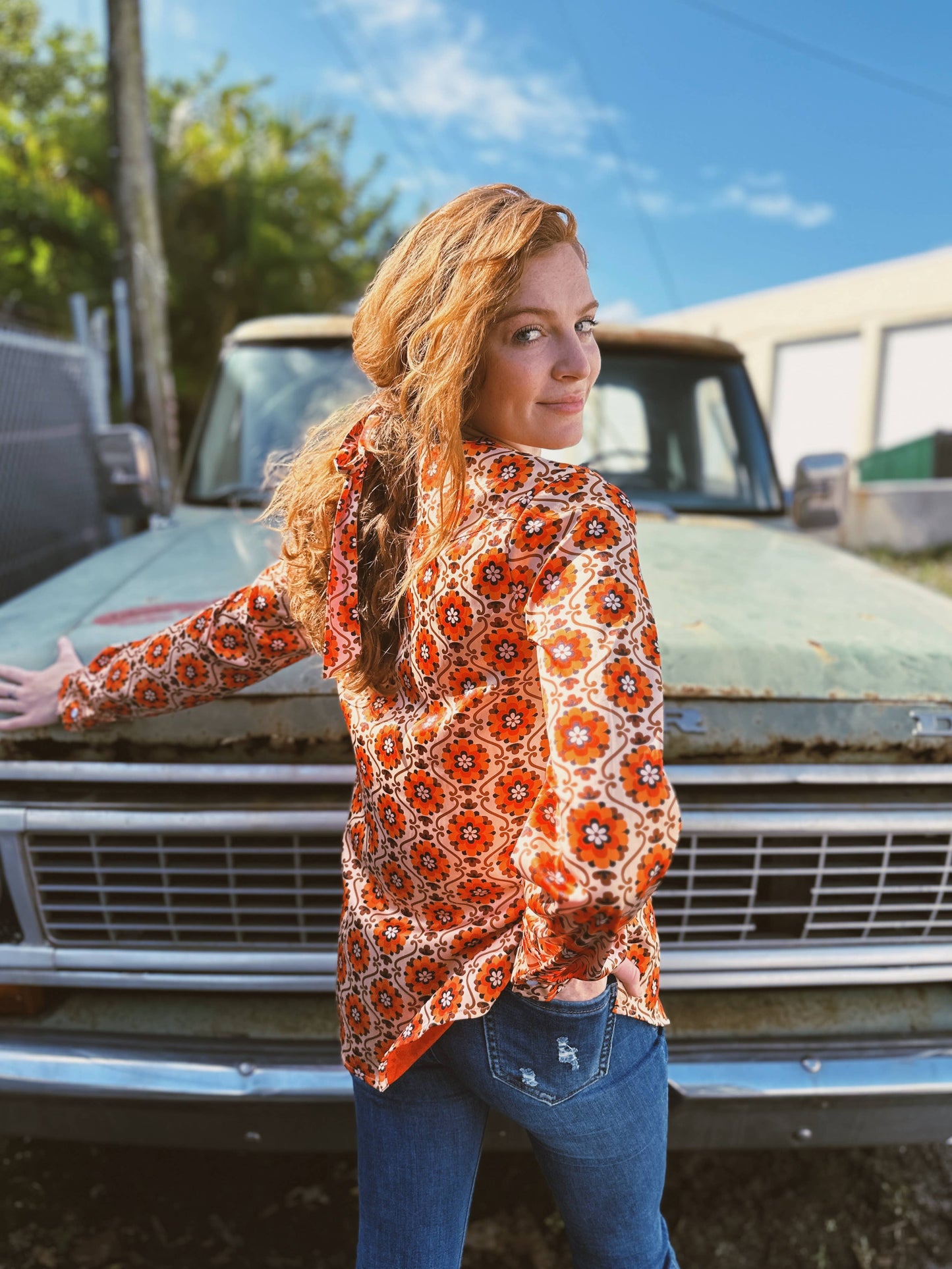 Large Poppy Flower Zipper Front Blouse