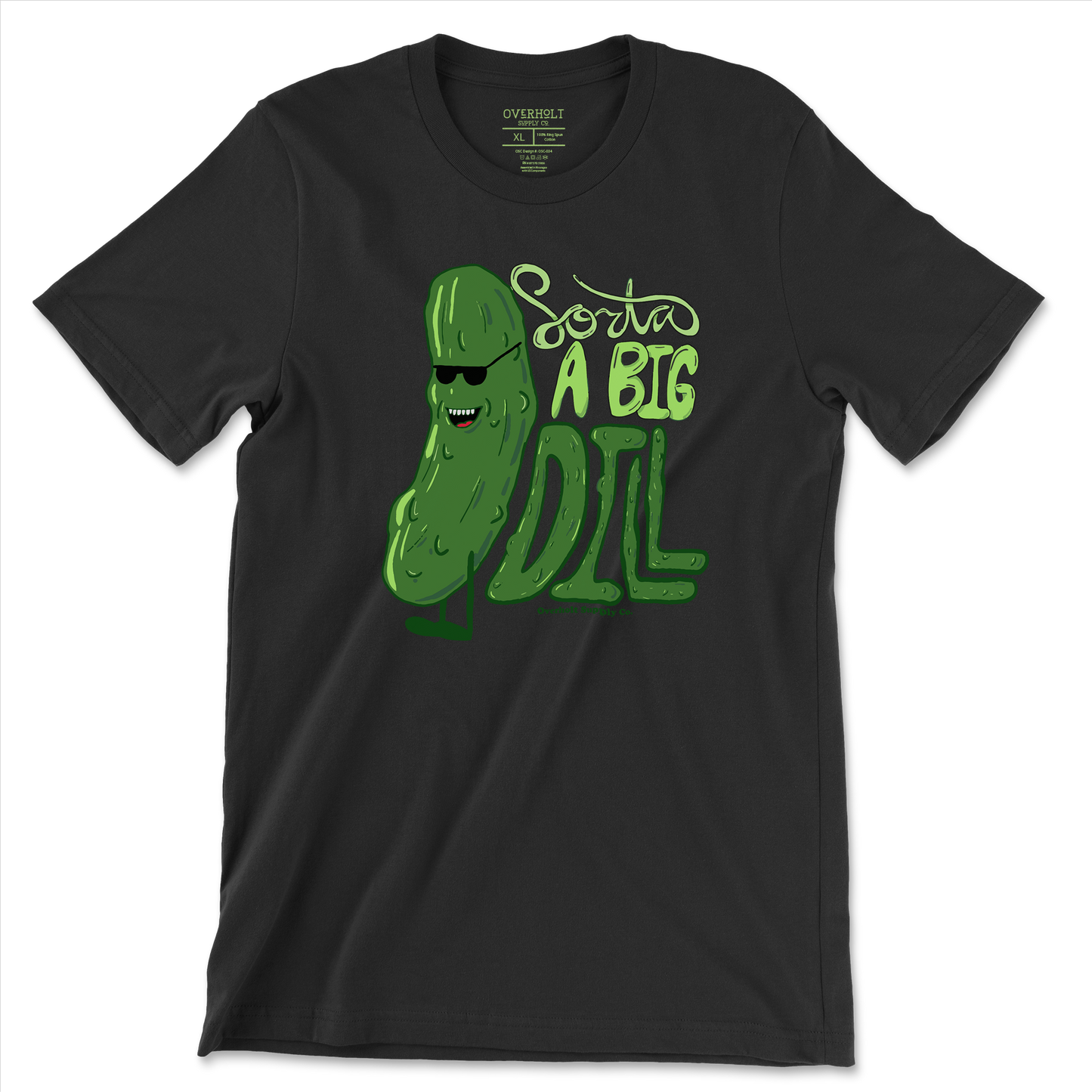 Black t-shirt with a graphic design of a pickle and the text 'Sorta a Big Dill' in green.
