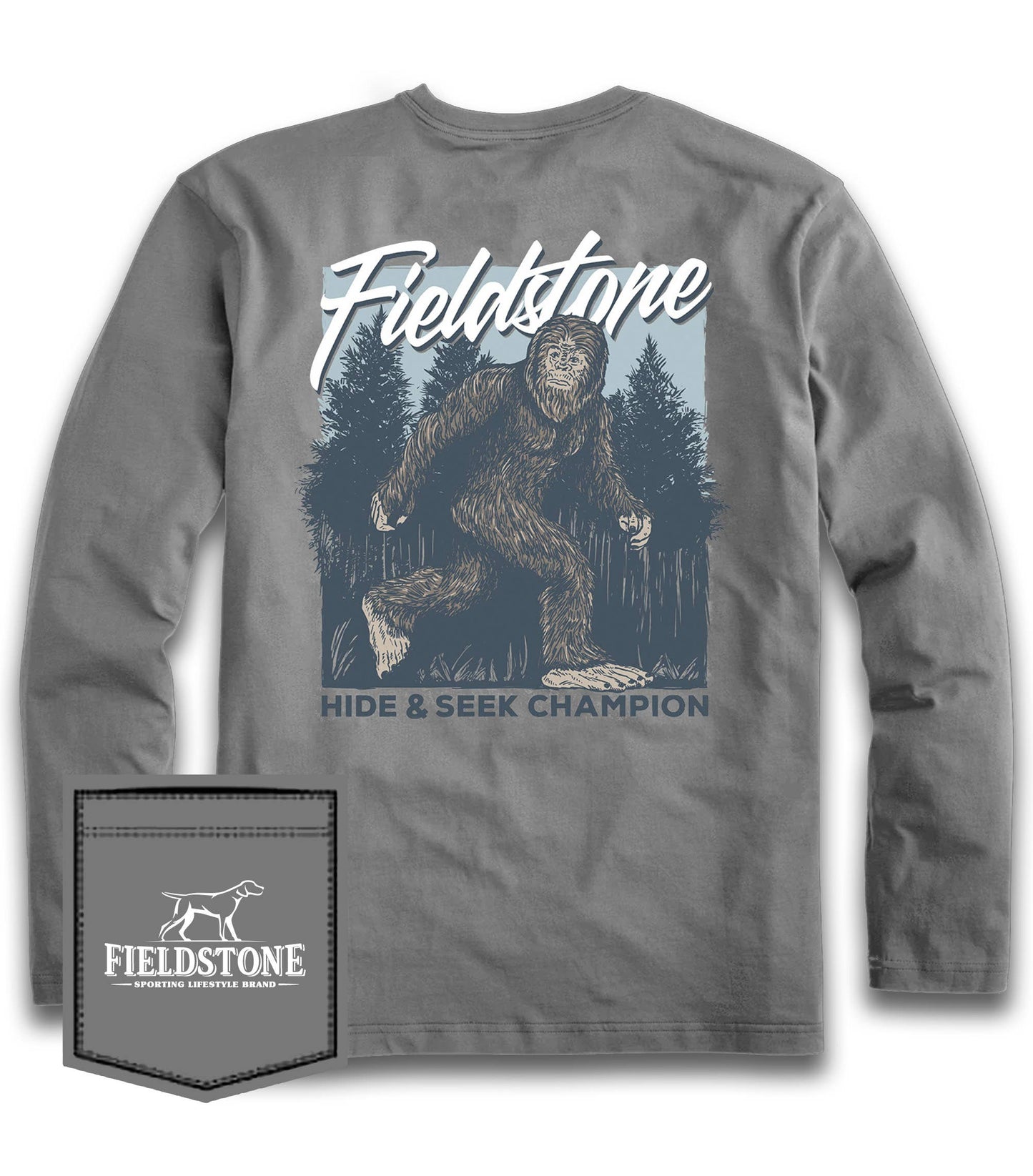 Gray long-sleeve shirt with 'Fieldstone' branding and graphic of a bigfoot in a forest.