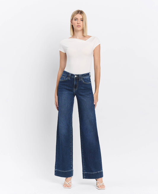 High Rise Dark Trouser Hem Wide Jeans
