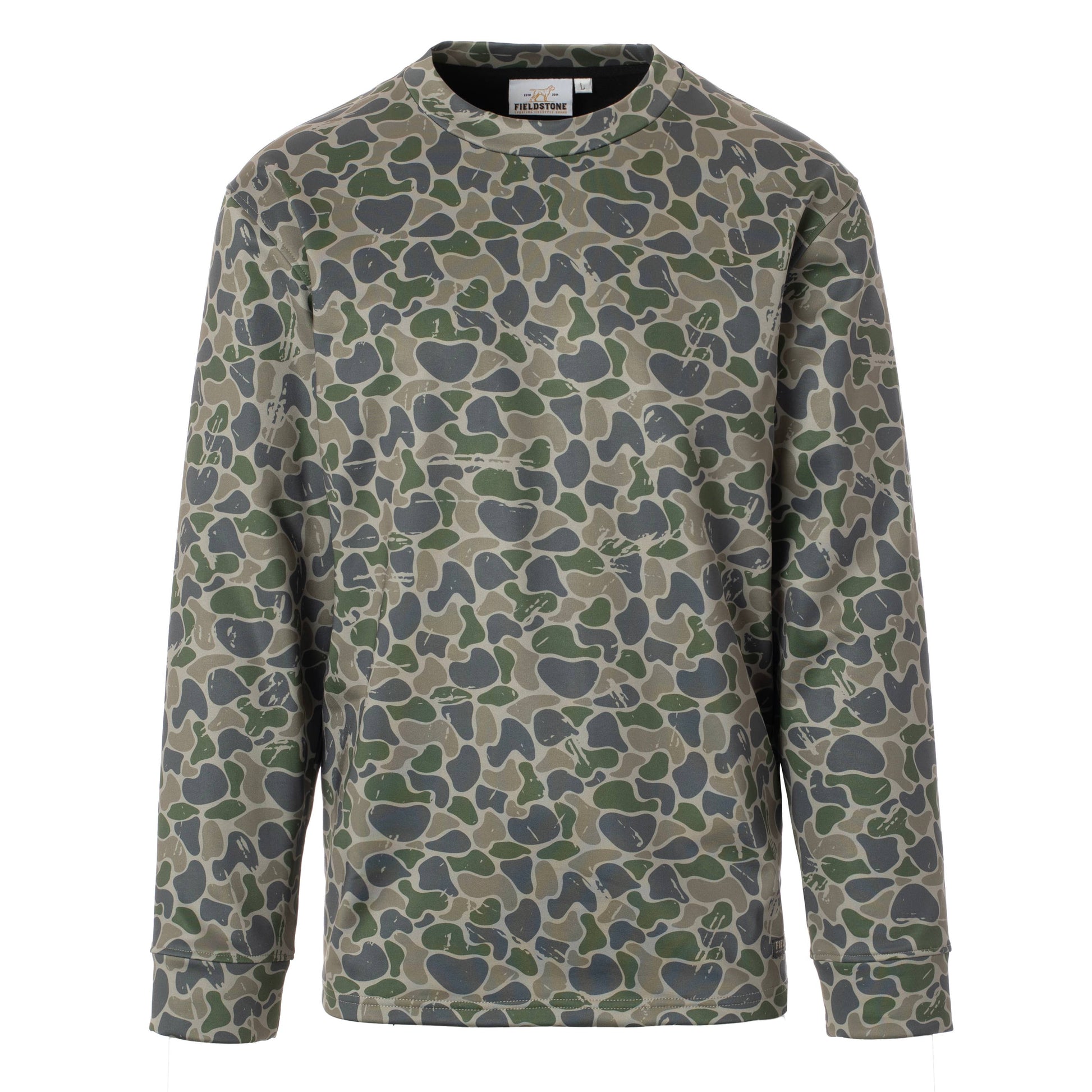 Camouflage-patterned long-sleeve shirt on a white background