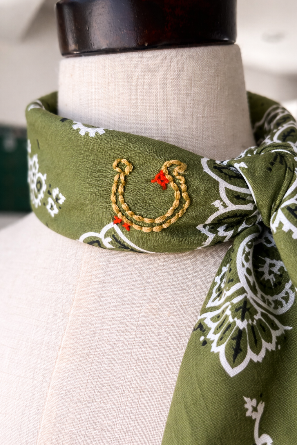 Hand Embroidered Horseshoe Bandana