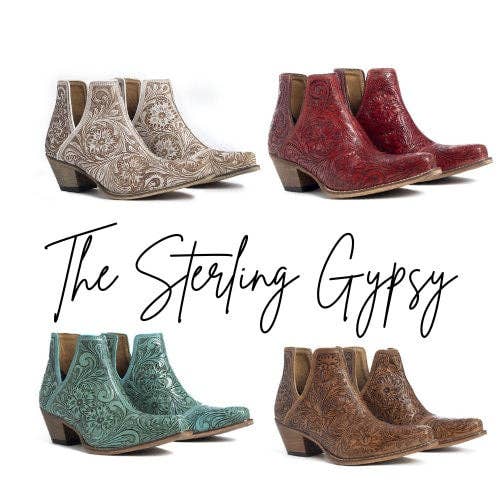 Western Tooled Ankle Boots: White