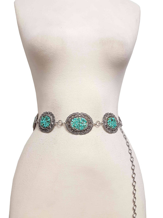Western Style concho Silver Chain belt with chip stones: Blue Stone