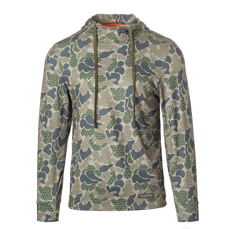 A hooded sweatshirt with a camouflage pattern in green, brown, and gray tones.