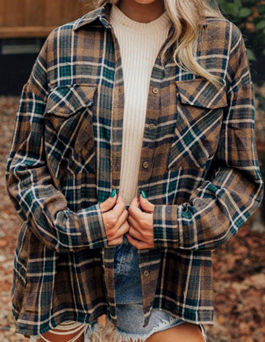 Plaid Print Chest Pockets Buttoned Shirt Jacket: MULTI / L
