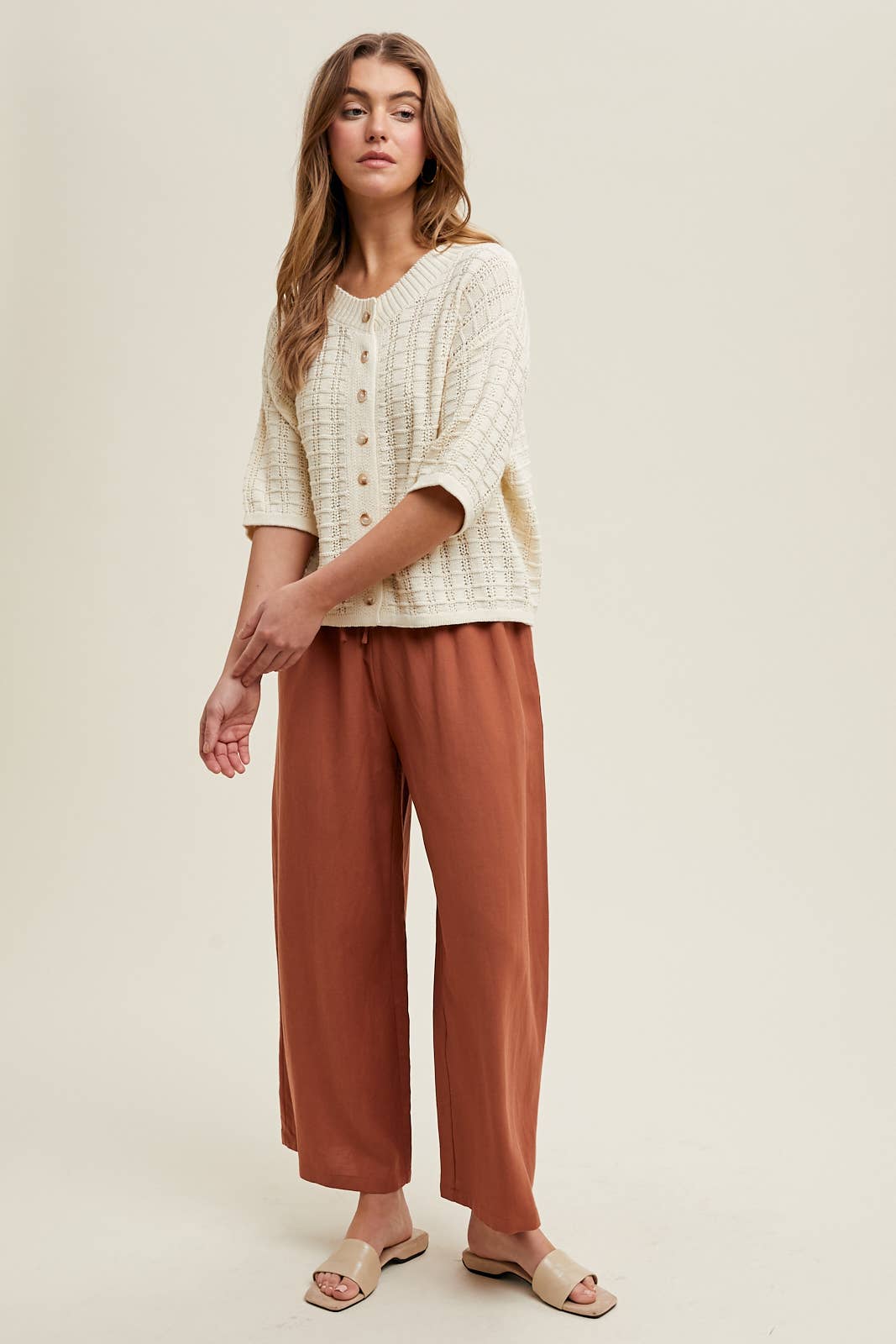Draw string wide linen pant 