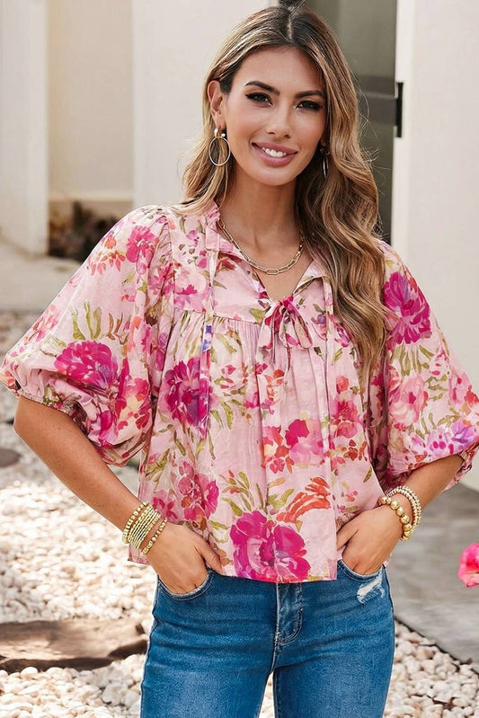 Puffy Half Sleeve Floral Blouse