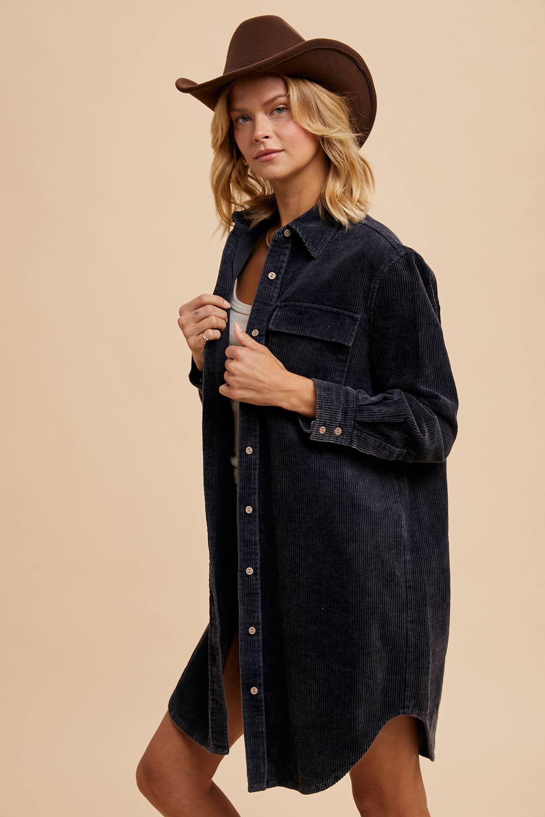 WASHED CORDUROY DUSTER: Black / L
