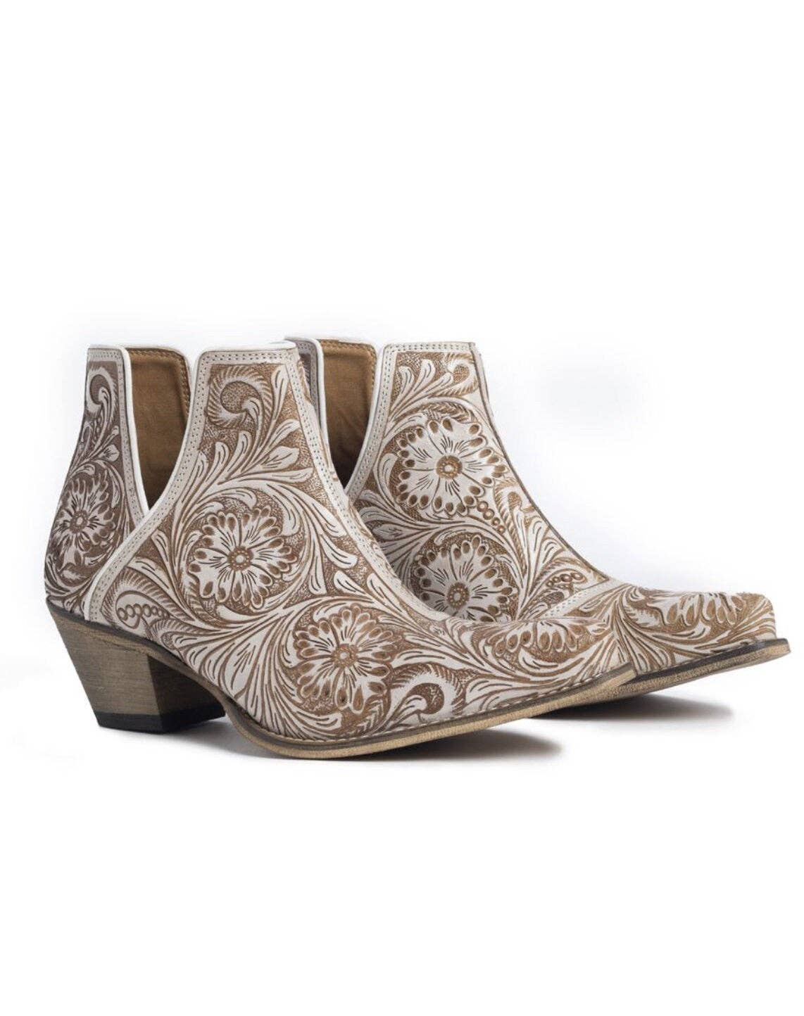 Western Tooled Ankle Boots: White
