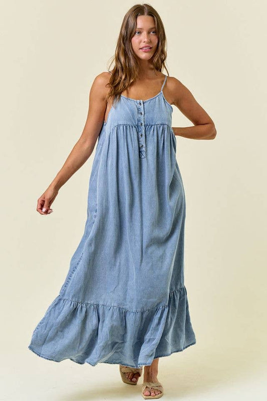 Chambray Tiered Ruffled Midi Dress