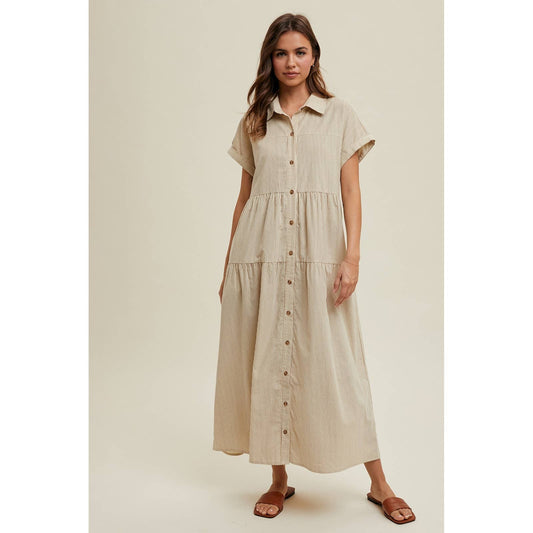Cream Striped Corduroy Midi-Dress