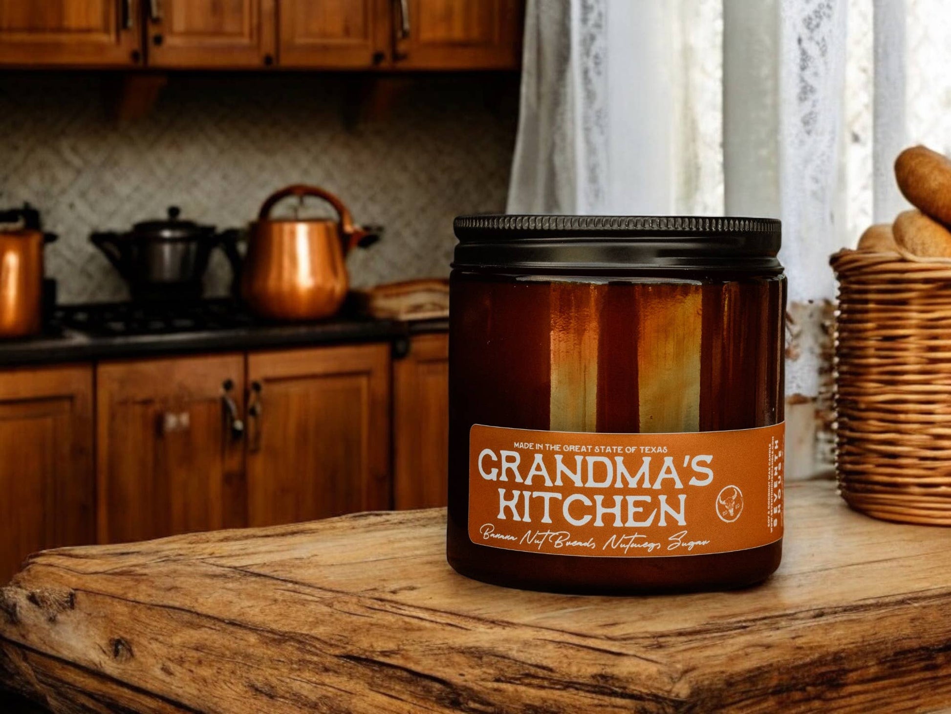 Jar labeled 'Grandma's Kitchen' on a wooden surface in a kitchen setting