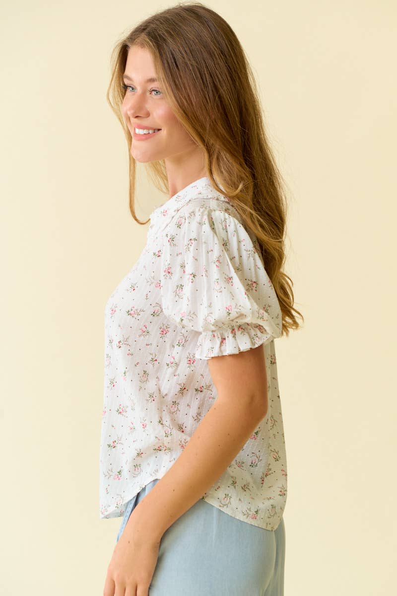 Floral Print Puffed Sleeve Button Down Top