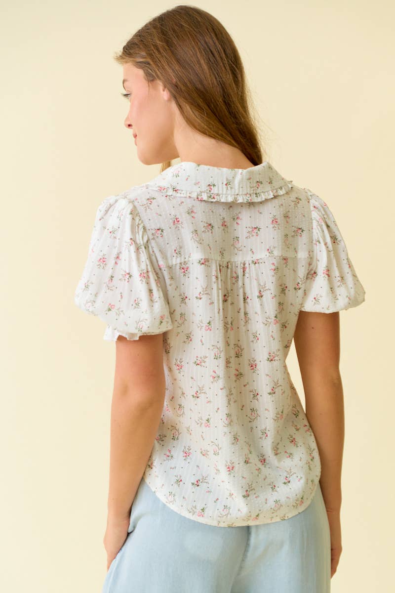 Floral Print Puffed Sleeve Button Down Top