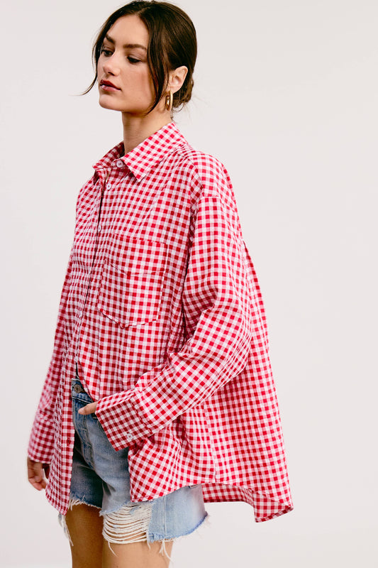 Gingham Print Oversized Button-Down Shirt
