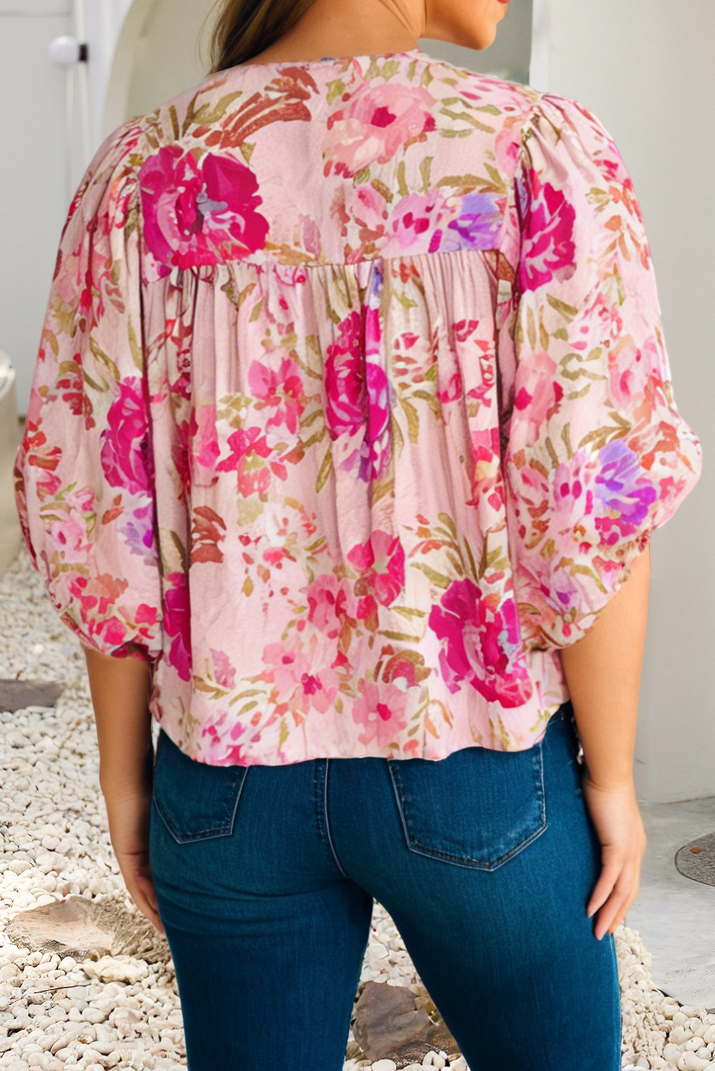 Puffy Half Sleeve Floral Blouse