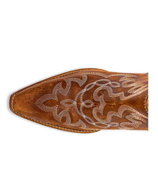 Western Flame Stitched Leather Ankle Bootie / Brown