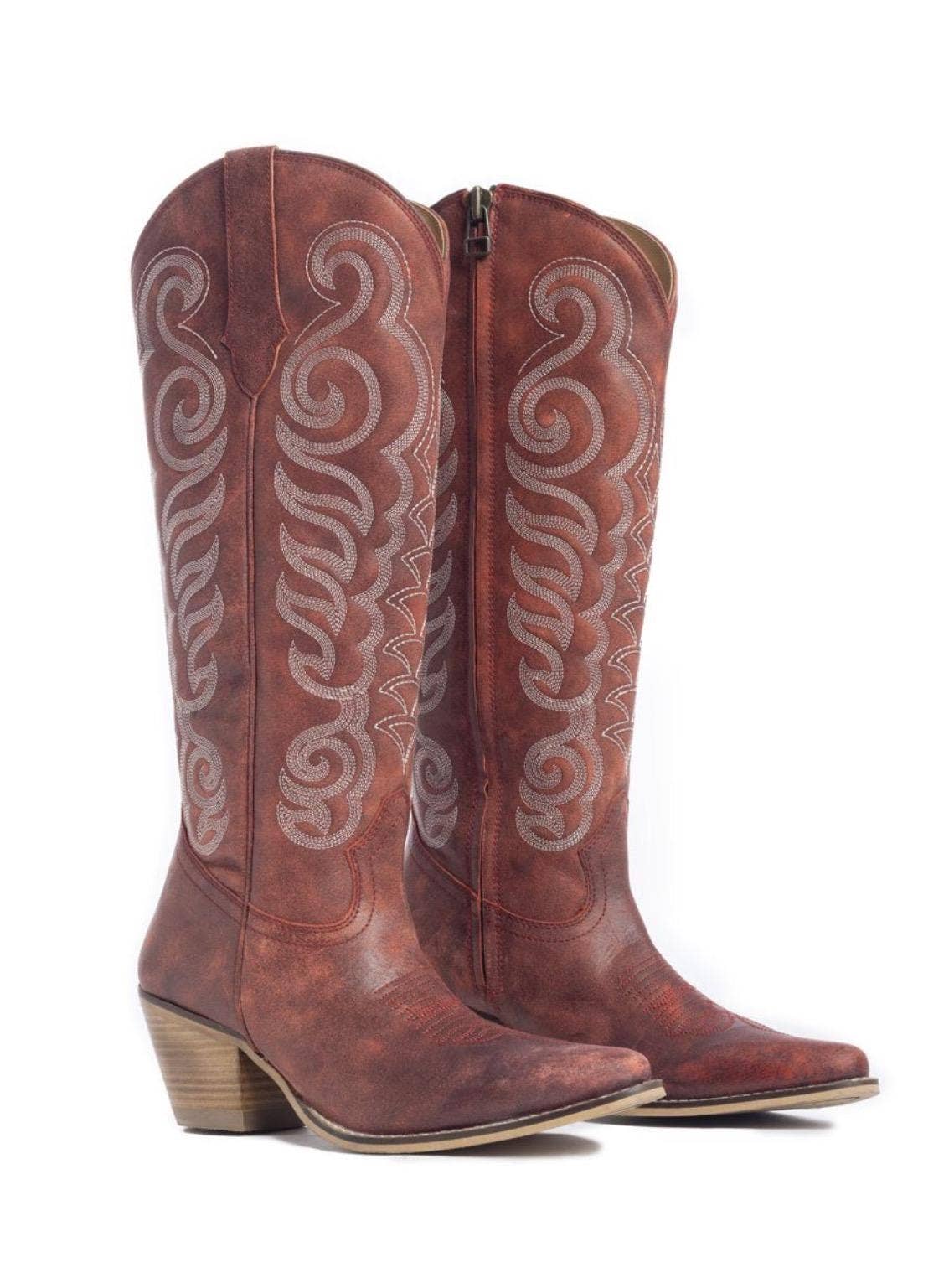 Traditional Western Flame stitched Leather Boots: Black