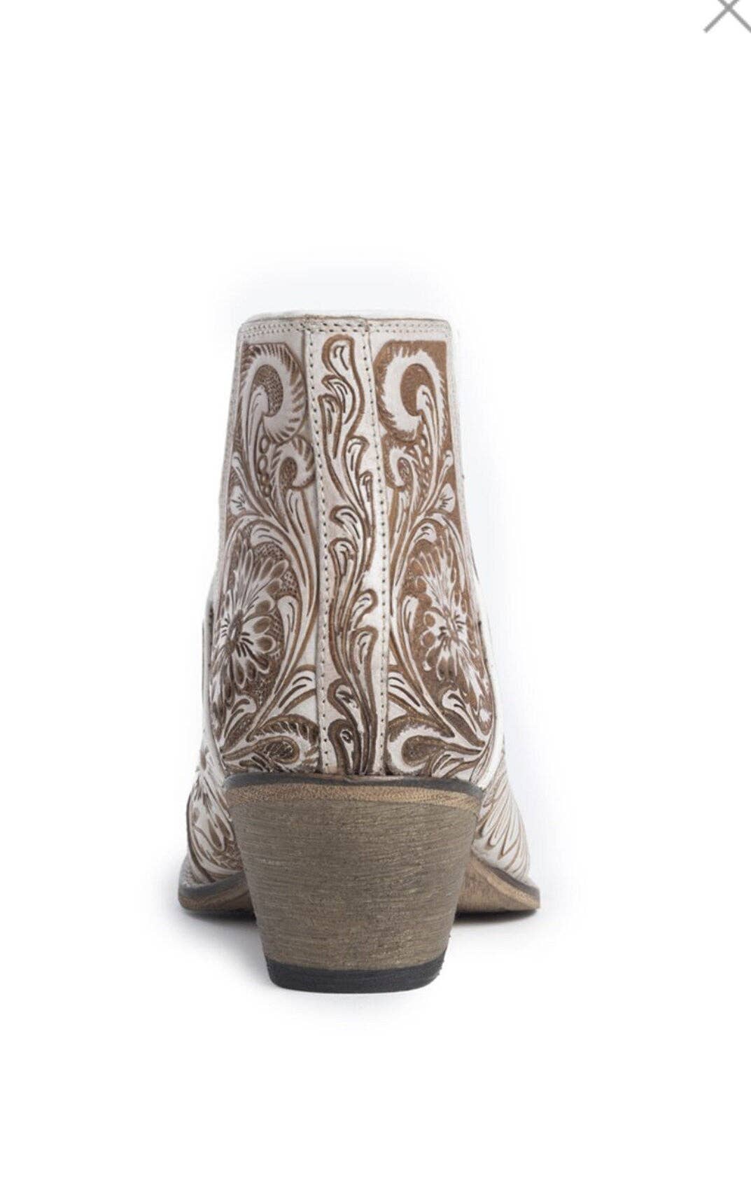 Western Tooled Ankle Boots: White