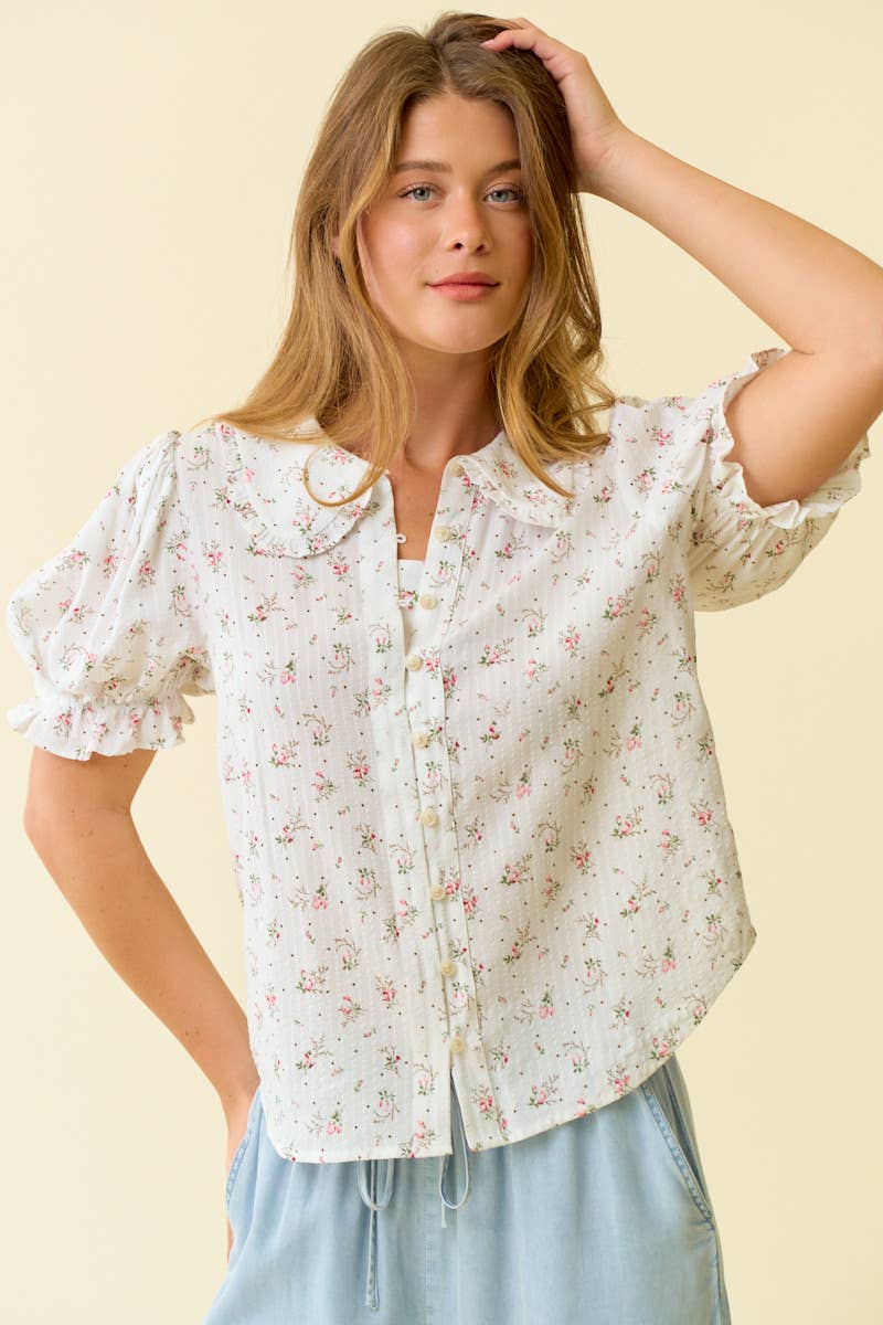Floral Print Puffed Sleeve Button Down Top