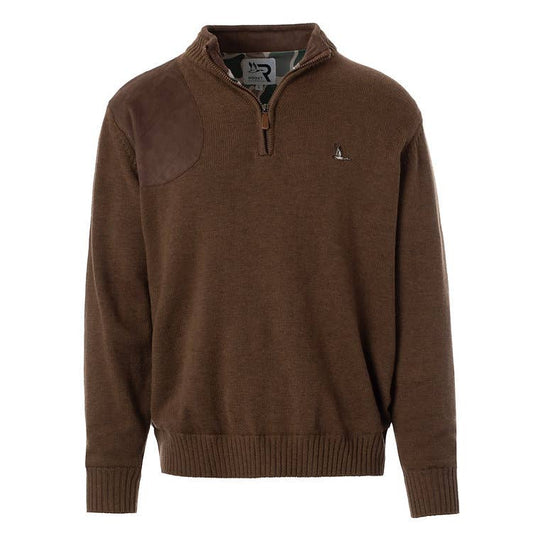 Brown sweater with a small logo on a white background