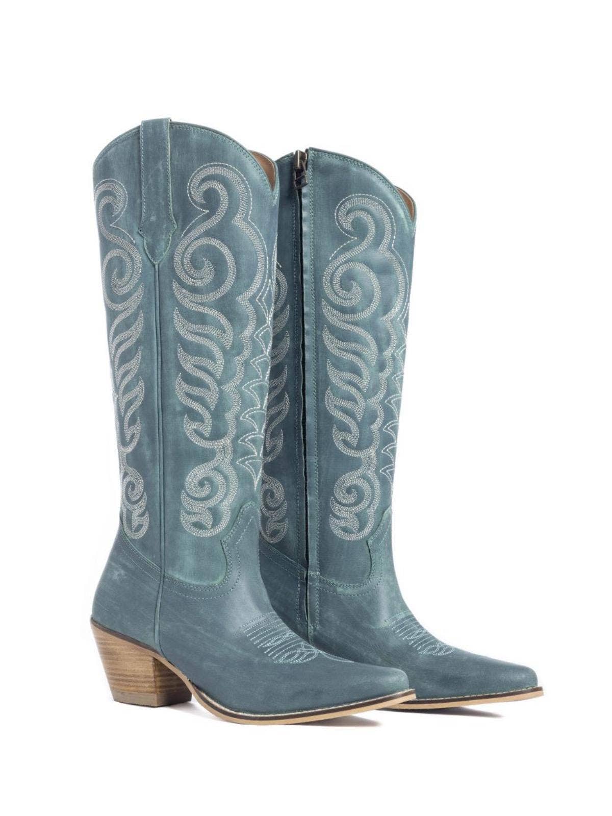 Traditional Western Flame stitched Leather Boots: Black