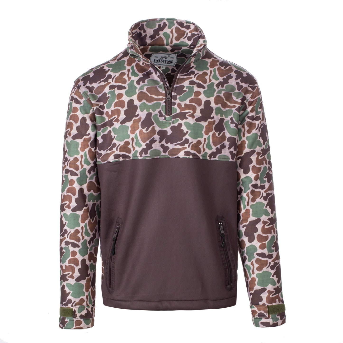 A quarter zip camouflage pattern outdoor jacket.