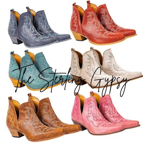 Western Flame Stitched Leather Ankle Bootie / Brown
