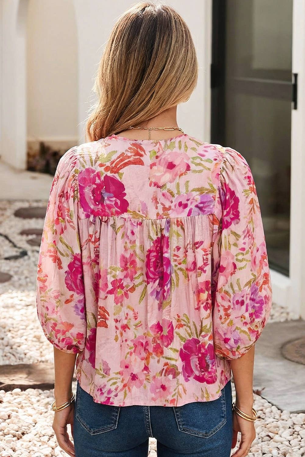 Puffy Half Sleeve Floral Blouse
