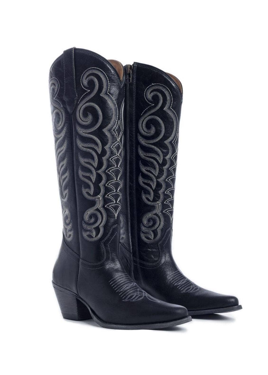 Traditional Western Flame stitched Leather Boots: Black